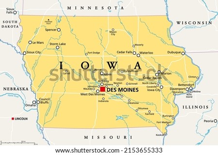 Iowa, IA, political map, with the capital Des Moines and most important cities, rivers and lakes. State in the Midwestern region of the United States of America, nicknamed The Hawkeye State. Vector.