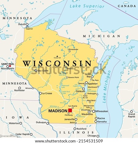Wisconsin, WI, political map, with the capital Madison and metropolitan area Milwaukee. State in the upper Midwestern United States of America, with the nicknames Badger State, and Americas Dairyland.
