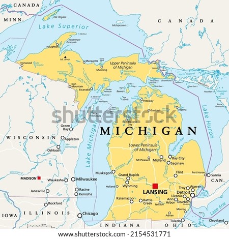 Michigan, MI, political map, with capital Lansing and metropolitan area Detroit. State in Great Lakes region of upper Midwestern United States, nicknamed The Great Lake State, and The Wolverine State.