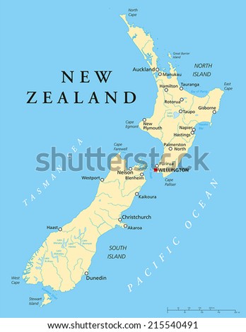 New Zealand Political Map with capital Wellington, national borders, most important cities, rivers and lakes. English labeling and scaling. Illustration.