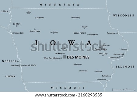 Iowa, IA, gray political map, with the capital Des Moines and most important cities. State in the Midwestern region of the United States of America, nicknamed The Hawkeye State. Illustration. Vector.