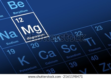 Magnesium on periodic table of the elements. Alkaline earth metal with symbol Mg and atomic number 12. Eleventh most abundant element in the human body and essential to all cells and some 300 enzymes.