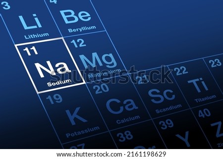 Sodium on periodic table of elements. Alkali metal, with symbol Na from Latin natrium, and with atomic number 11. Sixth most abundant element in Earth crust, essential for all animals and some plants.