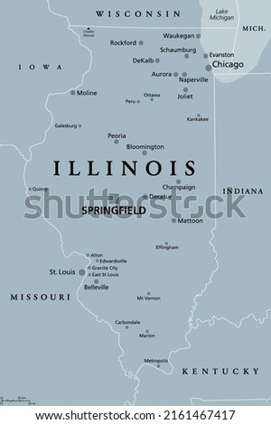 Illinois, IL, gray political map with capital Springfield and metropolitan area Chicago. State in Midwestern region of United States, nicknamed Land of Lincoln, Prairie State, and Inland Empire State.