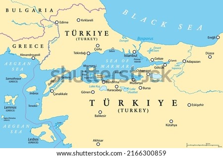 Bosporus and Dardanelles, political map. The Turkish Straits, internationally significant and narrow waterways in Turkey. Passages, connecting the Aegean Sea and the Sea of Marmara with the Black Sea. ストックフォト © 