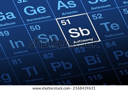 Antimony on periodic table of the elements. Lustrous gray metalloid and chemical element with Symbol Sb from Latin stibium, with atomic number 51. Used for alloys, solders, bullets and plain bearings.