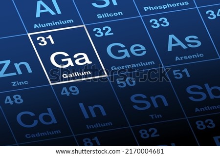 Gallium on periodic table of the elements. Metal and chemical element with symbol Ga, from Latin Gallia for Gaul, and with atomic number 31. Used for semiconductors and alloys with low melting points.