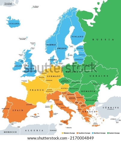 Europe subregions, political map. Geoscheme, that subdivides the European continent into Eastern, Northern, Southern, and Western Europe, for statistical purposes, and represented in different colors.