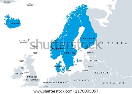 Scandinavia, political map. A subregion in Northern Europe, most commonly referring to Denmark, Norway, and Sweden, and more broadly also with Aland, Faroe Islands, Finland and Iceland. Illustration.