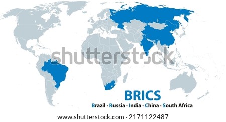 BRICS, member states, political map. Acronym coined to associate the five major emerging economies in the world, the countries Brazil, Russia, India, China (PRC), and South Africa. Illustration.