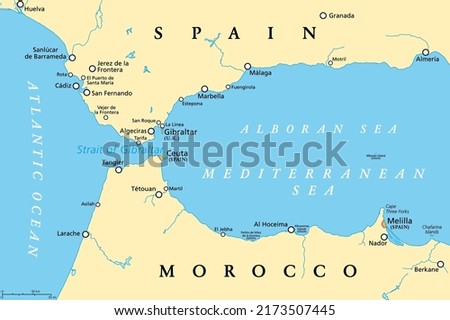 Strait of Gibraltar, political map. Also known as Straits of Gibraltar. Narrow strait, connecting the Atlantic Ocean to the Mediterranean Sea, separating the Iberian Peninsula from Morocco and Africa.