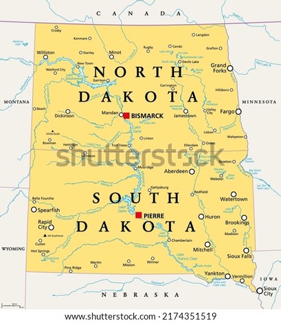 The Dakotas, political map. Collective term for the U.S. states of North Dakota and South Dakota, in the Upper Midwest and North Central. Used to describe the Dakota Territory and collective heritage.