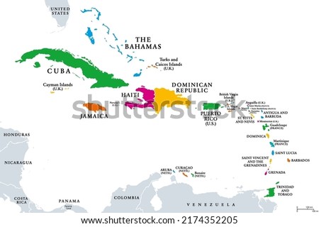 The Caribbean, colored political map. Subregion of the Americas in the Caribbean Sea with its islands and English names. The Greater Antilles and the Lesser Antilles. Isolated illustration over white.