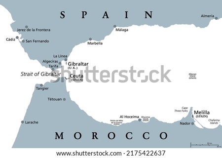 Strait of Gibraltar, gray political map. Also known as Straits of Gibraltar. A narrow strait, connecting Atlantic Ocean to Mediterranean Sea, separating the Iberian Peninsula from Morocco and Africa.