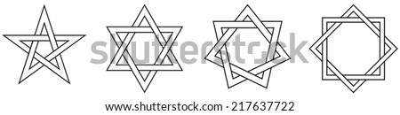 Geometric Star Figures Outline - pentagram, hexagram, heptagram and octagram - self-intersecting star shaped figures with five, six, seven and eight sides.