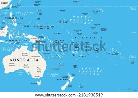 Oceania, political map. Australia and the Pacific, including New Zealand. Geographic region, southeast of the Asia-Pacific region, including Australasia, Melanesia, Micronesia and Polynesia. Vector.