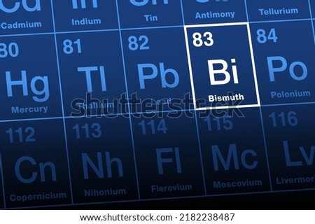 Bismuth on periodic table. Radioactive post-transition metal and chemical element with symbol Bi, possibly from the obsolete German Wismut, and with atomic number 83. Used in cosmetics and pigments.