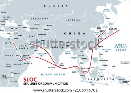 Indo-Pacific major energy SLOCs, political map. Geopolitically critical Sea Lines Of Communication. Primary maritime routes between ports, used for trade, logistics and naval forces. Illustration.