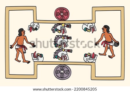 Aztec players play a rubber ball game. The Mesoamerican ballgame is a 3600 years old sport with ritual associations, played by pre Columbian people and as ulama still played by indigenous populations.