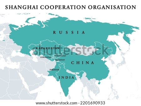 Shanghai Cooperation Organisation, SCO member states, political map. Eurasian political, economic and security organization. Largest regional organization in the world. Successor to the Shanghai Five.