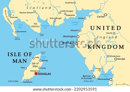 Isle of Man, also known as Mann, political map. An island nation and British Crown Dependency in the Irish Sea, between Great Britain and Ireland. A tax haven and offshore banking destination. Vector.