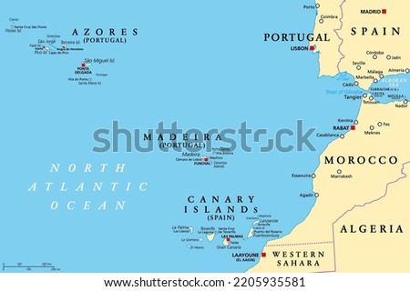 Azores, Madeira, and Canary Islands, political map. Autonomous regions of Portugal and Spain, archipelagos of volcanic islands, in the Macaronesia region of North Atlantic ocean, next to North Africa.