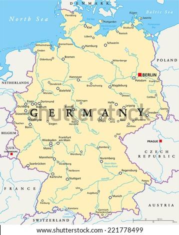 Germany Political Map with capital Berlin, national borders, most important cities, rivers and lakes. English labeling and scaling. Illustration.