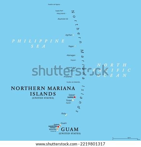 Guam and Northern Mariana Islands, political map. Two separate unincorporated territories of the United States of America in the Micronesia subregion of the Western Pacific Ocean. Illustration. Vector