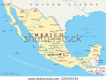 Mexico Political Map With Capital Mexico City, National Borders, Most ...