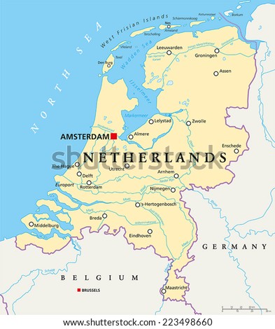 Netherlands Political Map with capital Amsterdam, national borders, most important cities, rivers and lakes. English labeling and scaling.