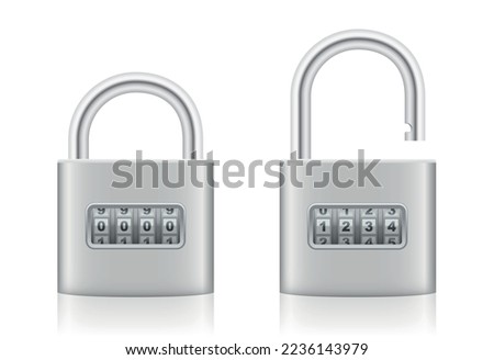 Combination lock with sequence of numbers, locked and unlocked iron padlock with rotating dial - silver steel security device with closed and opened shackle. Isolated vector on white background.