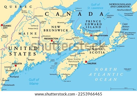 The Maritimes, also called Maritime provinces, a region of Eastern Canada, political map, with capitals, borders and largest cities. The provinces New Brunswick, Nova Scotia, and Prince Edward Island.