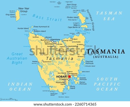 Tasmania, island state of Australia, political map. Located south of the Australian mainland, separated from it by Bass Strait, surrounded by 1000 islands, with the capital and largest city Hobart.