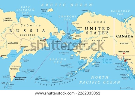 Maritime boundary between Russia and United States, political map. Chukchi Peninsula of Russian Far East, and Seward Peninsula of Alaska, separated by Bering Strait, between Pacific and Arctic Ocean.