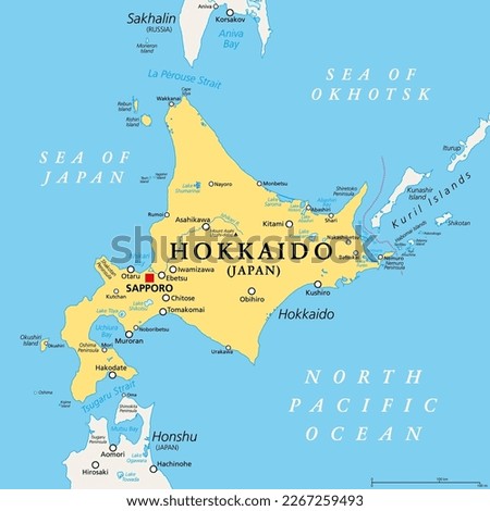 Hokkaido, second largest island of Japan, political map, with capital Sapporo. Comprises the largest and northernmost prefecture, making up its own region. Separated from Honshu by the Tsugaru Strait.