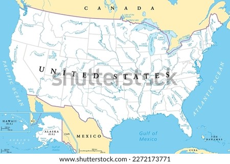 United States, rivers and lakes, political map. The main stems of the longest rivers, and the largest lakes of the United States of America, with the Great Lakes of North America. Illustration. Vector