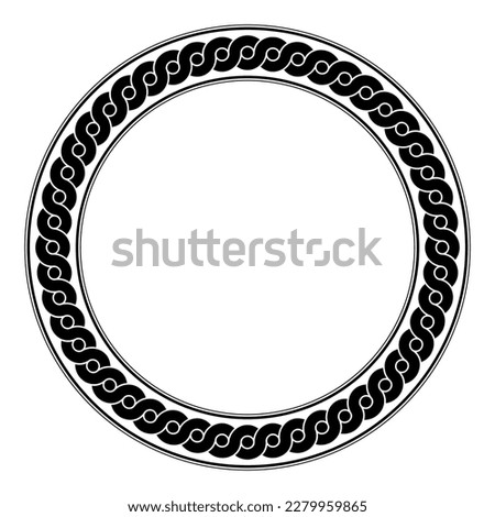 Intertwined wave pattern, circle frame. Two black serpentine lines forming a circle border, with dots between the overlapping waves. Ancient greek pottery motif. Isolated illustration, over white.