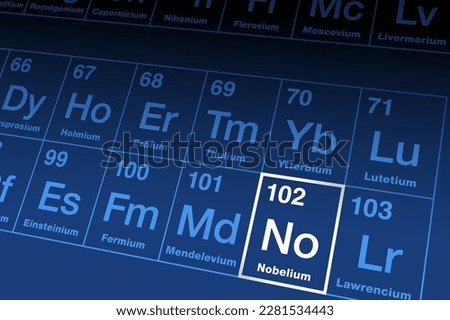 Nobelium on the periodic table. Radioactive transuranic metallic element in the actinide series, with atomic number 102 and symbol No, named in honor of Alfred Nobel, the inventor of dynamite. Vector.