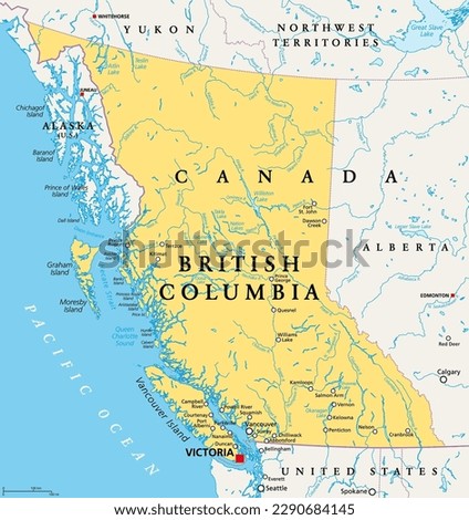 British Columbia, BC, province of Canada, political map. Situated on the Pacific Ocean, bordered by Alberta, the Northwest Territories, Yukon, and the US states Alaska, Idaho, Montana and Washington.