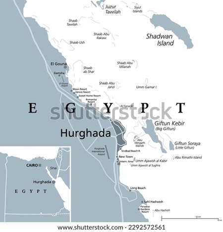 Hurghada and vicinity, Egypt, gray political map. City area in the Red Sea Governorate of Egypt, and one of the main tourist centres of the country, located on the Red Sea coast with numerous resorts.