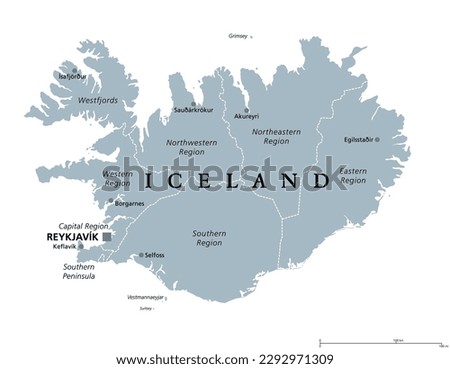 Regions of Iceland, gray political map, with capital Reykjavik. Eight regions and their seats, used for statistical purposes. Nordic island country in Atlantic Ocean. Isolated illustration. Vector.