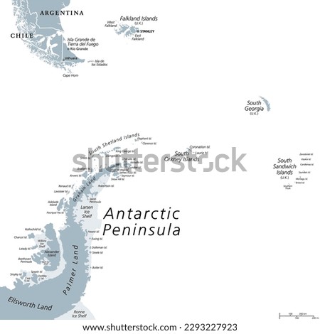 Antarctic Peninsula area, gray political map. From southern Patagonia and Falkland Islands, to South Georgia, and the South Sandwich Islands, and to South Orkney Islands, and  Antarctic Peninsula.