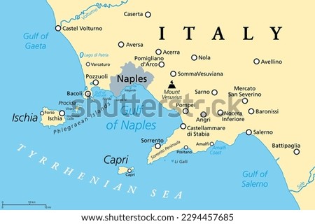 Gulf of Naples, political map. Also Bay of Naples, located along south-western coast of Italy, opening to the Tyrrhenian Sea. Campanian volcanic arc with islands Ischia and Capri and Mount Vesuvius.