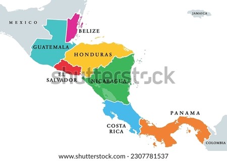 Central America countries, colored political map. Subregion of the Americas, between Mexico and Colombia, consisting of Belize, Guatemala, Honduras, El Salvador, Nicaragua, Costa Rica and Panama.