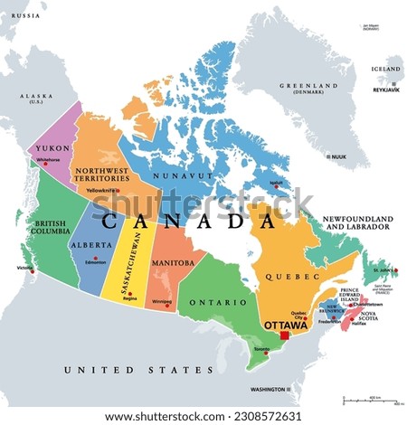 Canada, administrative divisions, colored political map. Ten provinces and three territories of Canada, with borders and capitals. Country in North America, and second largest country of the world.