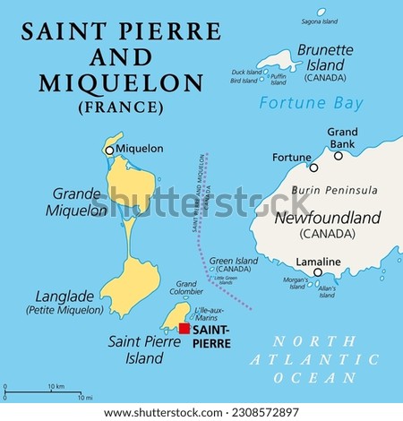 Saint Pierre and Miquelon, political map. Archipelago and self-governing territorial overseas collectivity of France in the North Atlantic Ocean, near Canadian province of Newfoundland and Labrador.