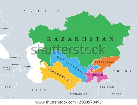 Central Asia, or Middle Asia, colored political map. Region of Asia from Caspian Sea to western China, and from Russia to Afghanistan. Kazakhstan, Kyrgyzstan, Tajikistan, Turkmenistan, and Uzbekistan.