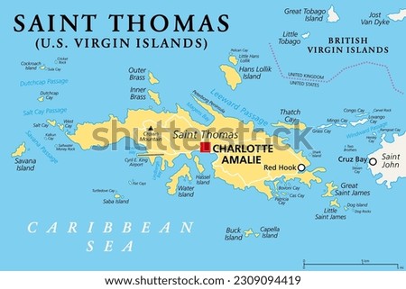 Saint Thomas, United States Virgin Islands, political map. One of the three largest islands of the USVI.  The territorial capital and port of Charlotte Amalie is located on this island. Vector.