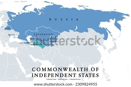 Commonwealth of Independent States (CIS), political map. Regional intergovernmental organization in Eurasia, formed following the dissolution of the Soviet Union. Nine member states and one associate.