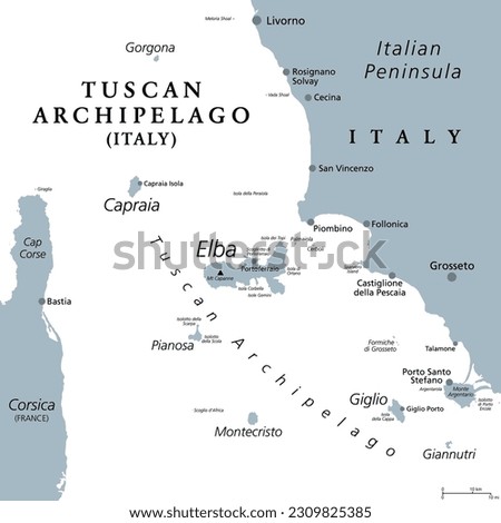 Tuscan Archipelago, Italy, gray political map. Island chain between Ligurian and Tyrrhenian Sea, west of Tuscany, between Corsica and Italian Peninsula, with well known islands Elba and Montecristo.
